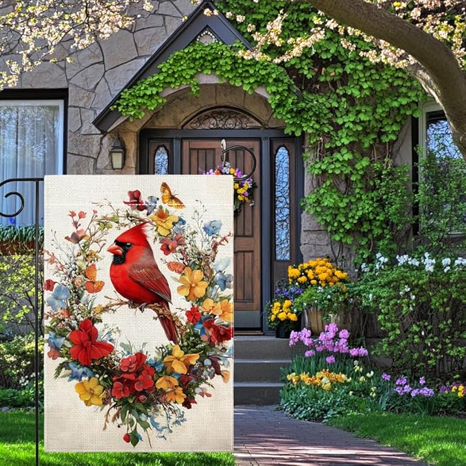 Red Bird Butterfly Flowers Garden Flag 12x18 Inch Double Sided Spring Summer Cardinal Colorful Floral Yard Outdoor Flag House Holiday Outside Decoration