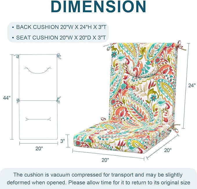 DYTXIII Outdoor High Back Chair Cushions Set of 2, 44x20 in Water Repellent Patio Seat Cushions with Elastic Sponge, All Weather Cushions for Rocking, Dining Chairs, Patio Furniture - Pretty Paisley