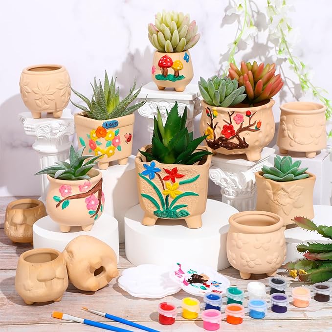 Hushee 12 Sets Ceramic Succulent Planters Paintable Succulent Plant Pots Small DIY Figurines Unpainted Pots with Drainage Hole Color Paints Paintbrushes Palettes