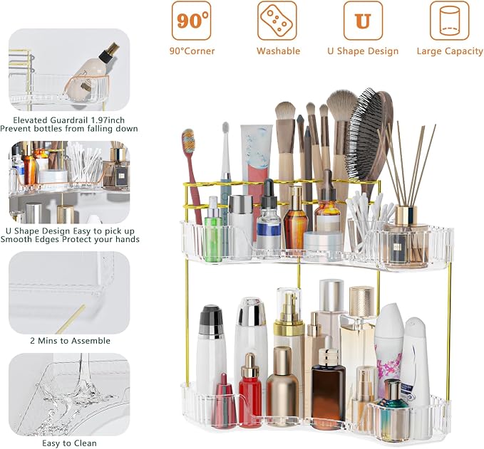 Webetop Corner Makeup Organizer 2 Tier Bathroom Storage with Brush Holder