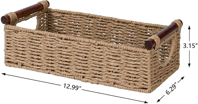 CubesLand Small Wicker Toilet Basket Tray Organizer W/Cut Out Handle | Handwoven Slim Decorative Basket for Countertop Shelf, And for Rustic Home Decor, Living Room, Nursery Organization, Neutral