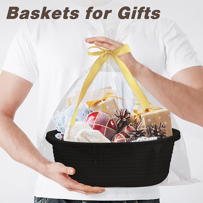 Pro Goleem Small Woven Basket with Gift Bags and Ribbons Durable Baskets for Gifts Empty Small Rope Basket for Storage 12"X 8" X 5" Baby Toy Basket with Handles, Black