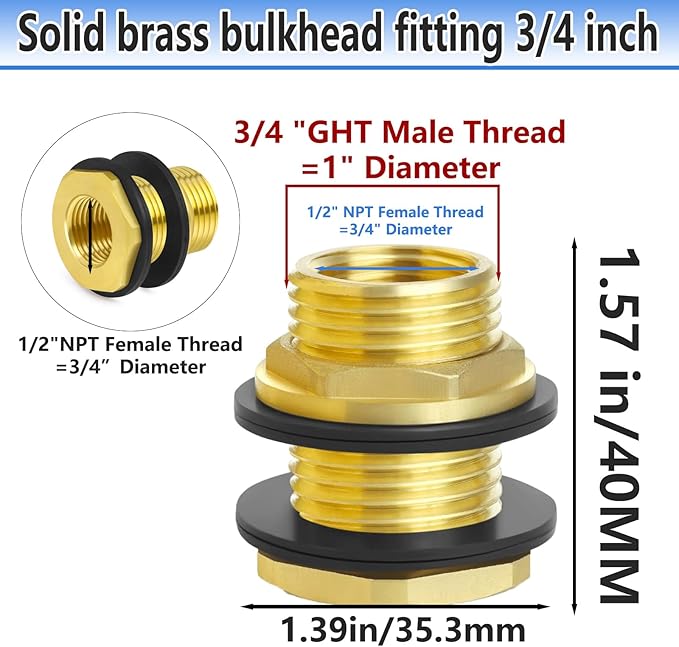 Ceaeso Brass Male Garden Hose Bulkhead Fitting With Plug, 1/2" Female NPT, 3/4" Male GHT (garden Hose Thread), Brass Tank Connector/drain/flush Port Kit For Rain Barrels, Aquariums, Sinks，2 Pack