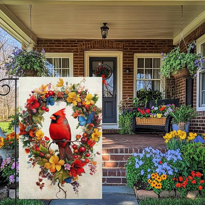 Red Bird Butterfly Flowers Garden Flag 12x18 Inch Double Sided Spring Summer Cardinal Colorful Floral Love Hearts Yard Outdoor Flag House Holiday Outside Decoration