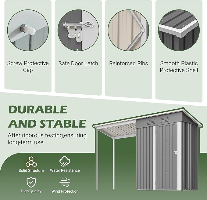 Waterproof 9.6'x2.3' Storage Shed and Gazebo Combo, Heavy Duty 2-in-1 Lean-to Tool Storage Garden House with 5'x2.3' Open Pergola, Lockable Door for Patio, Backyard, Lawn, Metal, Gray