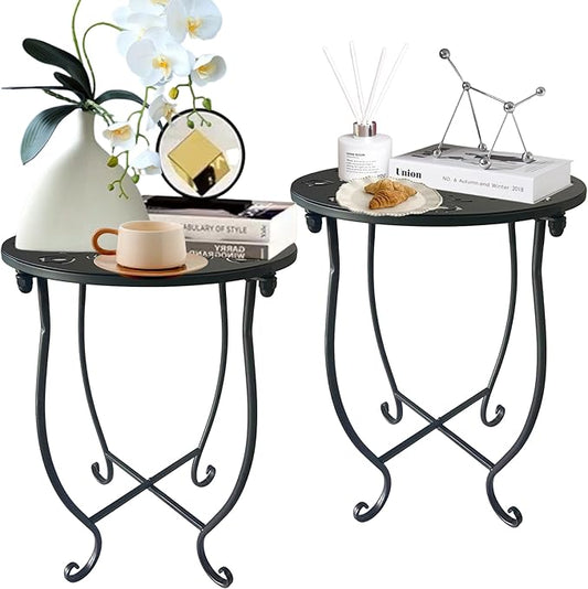 Outdoor Side Table, 14-inch Small Round Metal Patio Table with Flower Cut-Out Design, Set of 2 Modern Rust-Proof Portable End Table Patio Side Table for Outside Garden Balcony Yard & Indoor Use