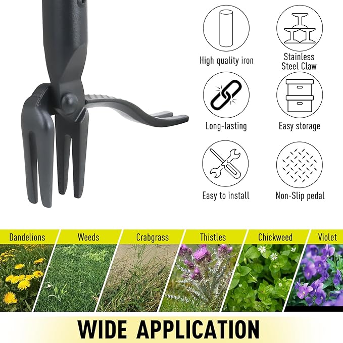 Jardineer Weed Puller Tool Stand Up Heavy Duty, 45" Weed Remover Tool with Long Handle and 4-Claw Steel Head, Manual Weeding Tool for Garden Lawn Yard, Easily Remove Weeds Without Bending