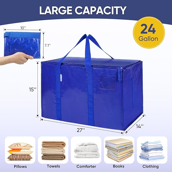 TICONN 12 Pack Extra Large Moving Bags Heavy Duty with Zippers & Carrying Handles, Durable Storage Bags Moving Boxes for Closet Organizers and Storage (12 Pack, Olive)