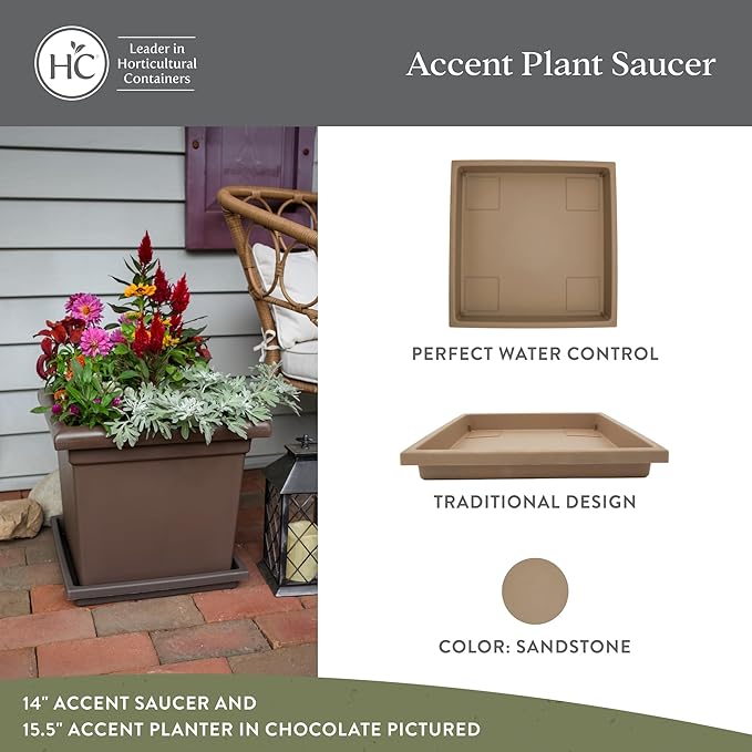 The HC Companies 14 Inch Accent Square Plant Saucer, Lightweight UV-Resistant Plastic Outdoor & Indoor Flower Pot Tray, 2-Pack Plant Pot Trays for Garden & Home Decor, Sandstone