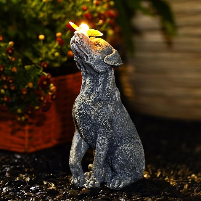 Garden Statue Dog Figurine Decor – Outdoor Decoration with Butterfly for Garden Yard Lawn Home Decor Outside : Mothers Day Memorial Gifts for Women Mom Grandma