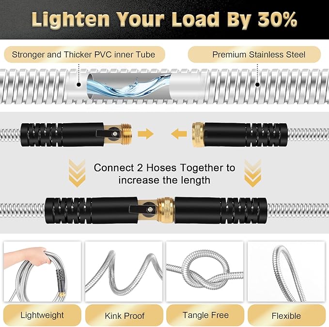 Metal Garden Hose 75FT Stainless Steel Heavy Duty Flexible Lightweight Water Hoses Pipe with 10-Function Spray Nozzle and 3/4" Solid Brass Fittings No Kink Durable for Outdoor Yard & Lawn