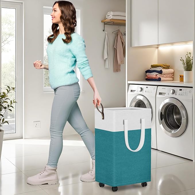 HomeHacks 90L Rolling Laundry Basket with 4 Wheels Collapsible Green | 4 Wheels, Waterproof PEVA Lining, Cotton Flax Fabric, Metal Frame, Bathroom Laundry Room Dorm Storage, Space-Saving Design