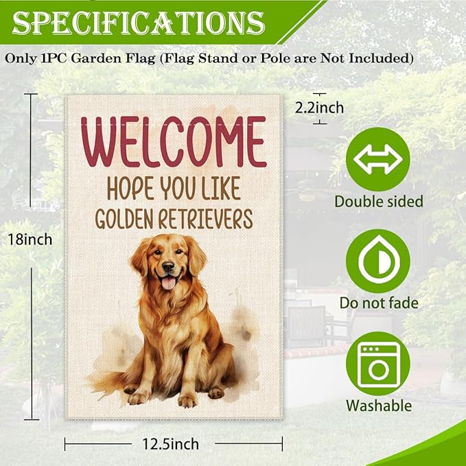 Hafhue Welcome Hope You Like Golden Retrievers Garden Flag, 12x18 In Double Sided Printing Holiday Yard Outdoor Farmhouse Home Lawn Exterior Porch Decoration Flag, Housewarming Gifts for Dog Owner
