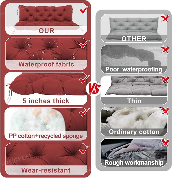 Premium 5" Thick Waterproof Porch Swing Cushions Sturdy Durable 2 Seat Replacement Outdoor Swing Cushions with Backrest&Ties Bench Cushion for Outdoor Furniture Backyard Patio Garden（Wine Red）