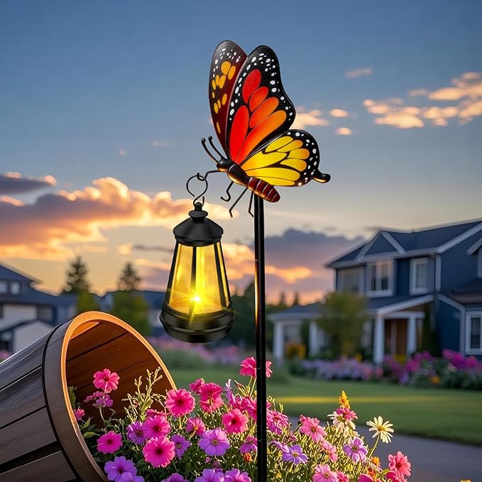 ZFNN Solar Garden Decor Lights Outdoor Waterproof, Metal Butterfly Stakes with Solar Lanterns, Decorative Yard Art for Outside Patio Lawn Ornaments, Gifts for Women Mom（2Pack）