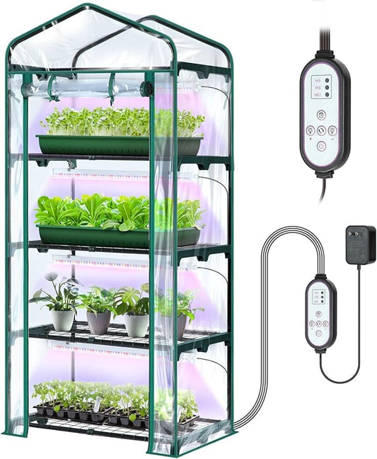 Indoor Greenhouse with Grow Light, Ohuhu 4-Tier Mini Green House for Winter - Full Spectrum Greenhouses for Seed Starting Small Portable Green Houses Waterproof PVC Cover & Adjustable Shelves