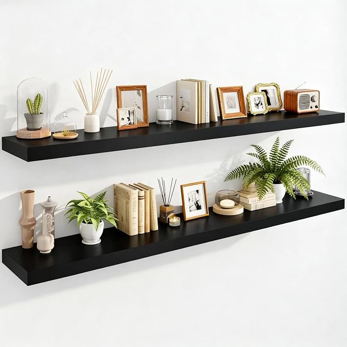 IAE Floating Wall Shelves 55 inch,Bathroom Shelving Wall Mounted,Black | Invisible Shelf Floating Kitchen Shelves,Wooden wall Shelf with Brackets for Living Room wall Mounted,Easy Install,Set of 2