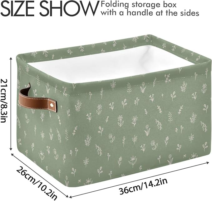 Wamika Sage Green Leaves Storage Basket with Waterproof Liner and PU Handles Floral Doodle Pattern Storage Bins Boxes 14.2" Collapsible Decorative Organizer Baskets for Bedroom Closet Office 2 Pack