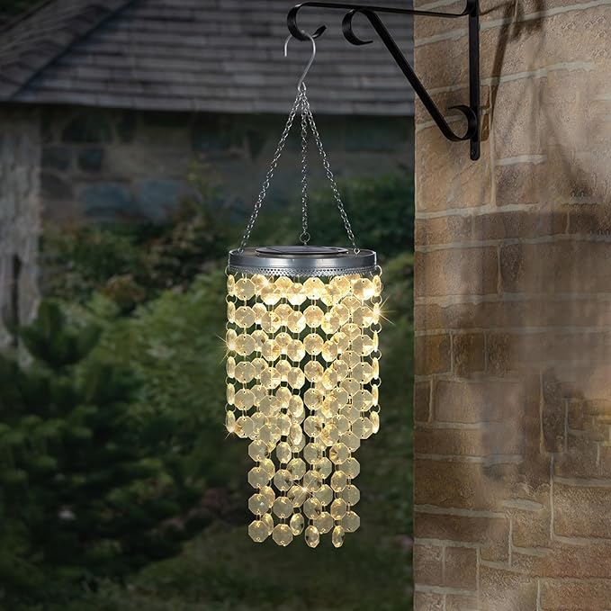 Hanging Solar Lantern Outdoor, 2 Tiers 21” Solar Transparent Acrylic Beaded Chandelier with Warm White LED S Hooks for Garden Yard Patio Gazebo Outside Decor