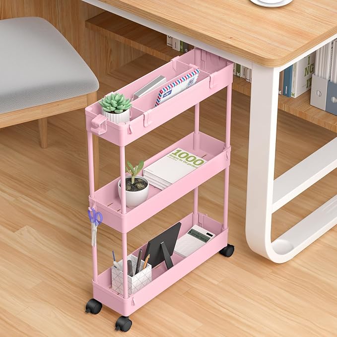 SPACELEAD Slim Storage Cart 3 Tier,Bathroom Organizer Rolling Utility,Mobile Shelving Unit Slide Out for Office, Kitchen, Laundry Room & Narrow Places,Pink