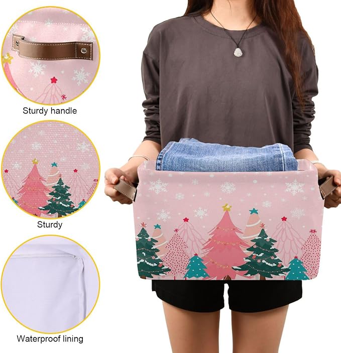 Christmas Tree Pink Storage Basket with Waterproof Liner and PU Handles Winter Snowflakes Xmas Bells Storage Bins Boxes 14.2" Collapsible Decorative Organizer Baskets for Bedroom Closet Office 2 Pack