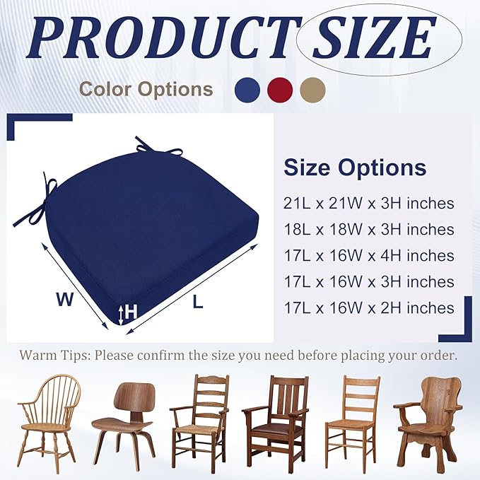 Youyole Outdoor Chair Cushions Set of 4, 18" x 18" x 3" Thick Foam D-Shaped Patio Seat Cushions with Ties, Waterproof & Fade Resistant Kitchen Chair Pads for Dining Furniture, Garden, Patio Sofa
