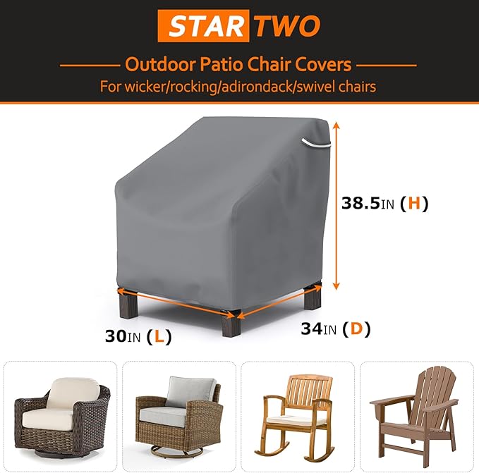 STARTWO Patio Outdoor Chair Covers 2 Pack, Outdoor Furniture Covers Waterproof adapter for Lawn Lounge Seat, Wicker, Swivel, Adirondack,Rocking Chairs,30" Wx34" Dx38.5" H,Grey