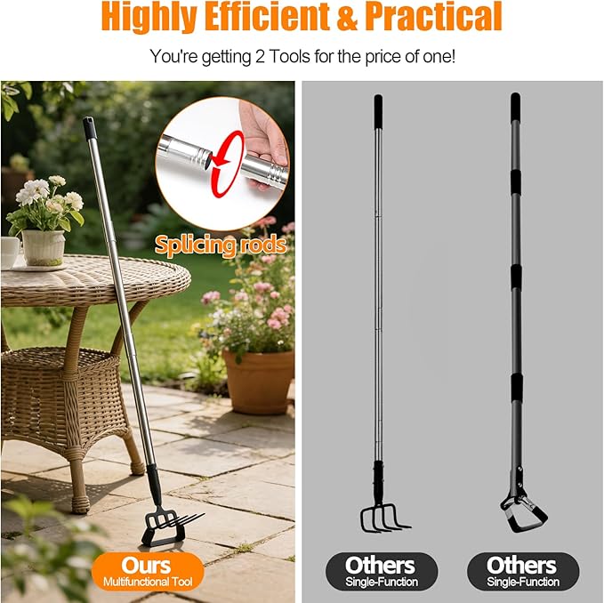 2-in-1 Heavy Duty Garden Hoe with 60" Adjustable Handle, Stirrup Hoe & Cultivator Weeding Rake - Lightweight Gardening Tool for Fast Weed Removal, Cultivating & Loosening Soil, Stainless Steel