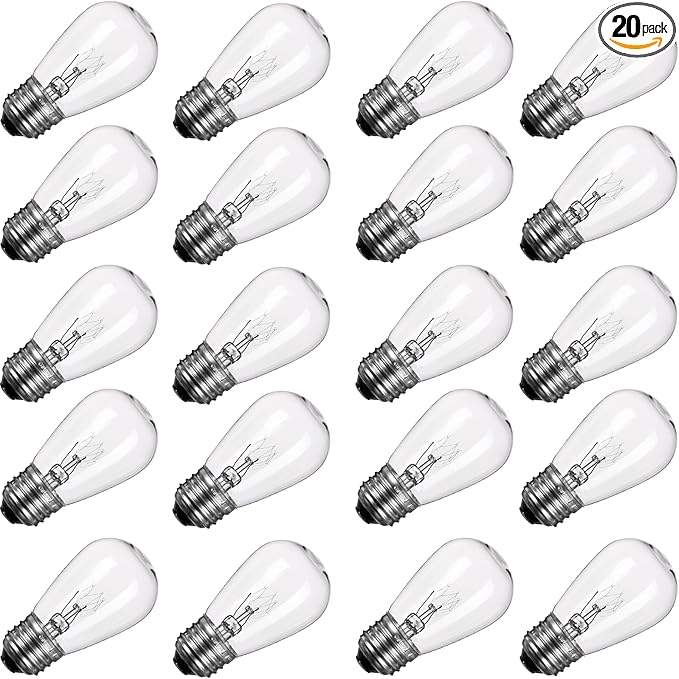 S14 Incandescent Edison Light Bulbs - 11W Vintage Clear Glass Bulbs with E26 Medium Screw‐Base, Warm Filament Replacement Bulbs for Outdoor Patio Garden String Lights, 20 Pack