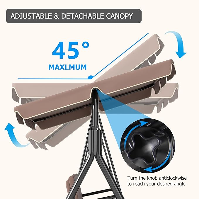 GARTOO 3-Seat Patio Swing Chair, Outdoor Porch Swing with Adjustable Canopy and Durable Steel Frame for Patio, Garden, Poolside(Brown)