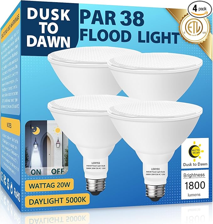 4 Pack LED PAR38 Dusk to Dawn Flood Light Bulbs Outdoor ，20W(200W Equivalent) E26 Base Flood Light Bulbs,5000K Daylight 1800 Lumens LED Flood Light for Outdoor Garden,Garage,Yards