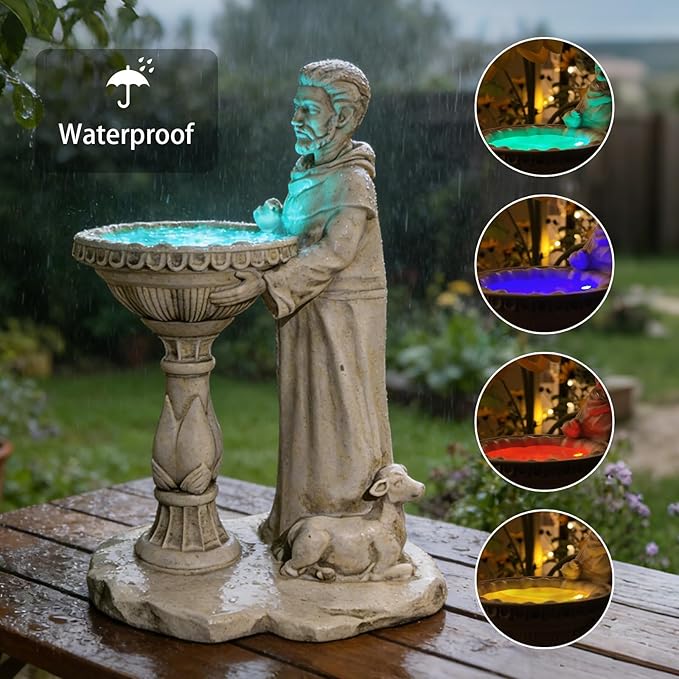 Sheaifun St Francis Garden Statue Outdoor Solar Garden Decor Resin 10.5 Inch Tall Colorful Lights St Francis Statue with Bird Bath Feeder for Yard Patio Lawn Decoration Religious Gardening Gifts