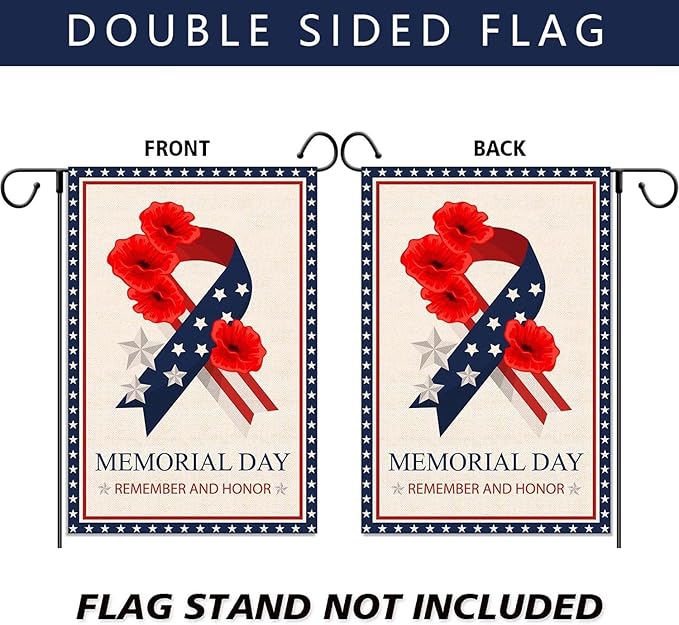 Memorial Day Garden Flag 12x18 Inch Double Sided Outside Remember and Honor Patriotic Flag for Stars and Stripes Ribbon Poppy for Veteran 4th of July Independence Day Yard Outdoor Decoration