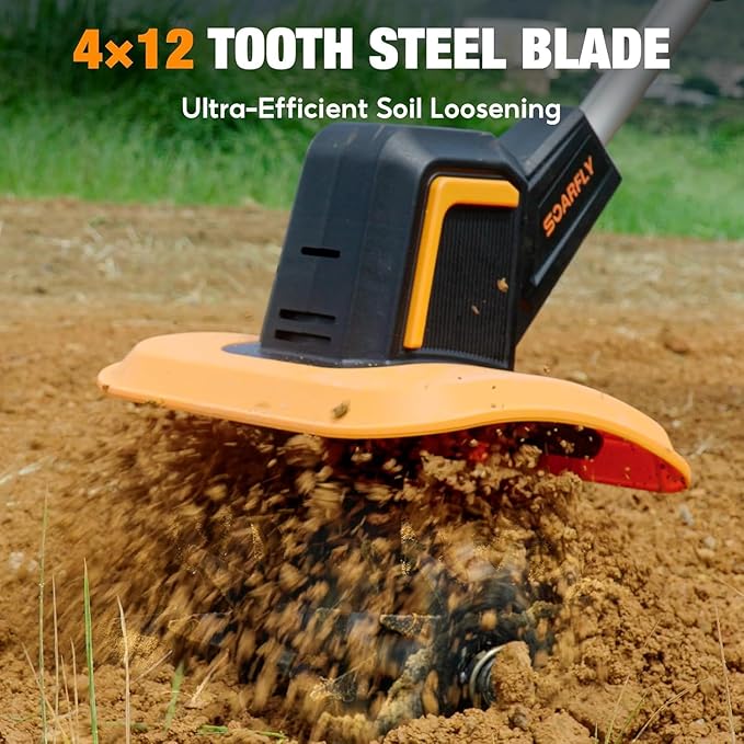 SOARFLY Upgraded Cordless Tiller for Gardening with Dual 4.0Ah Batteries, 48 Steel Tines Battery Rototiller, 9" Width 6.6" Depth Garden Tiller Cultivator for Soil, Tending & Composting (Orange)