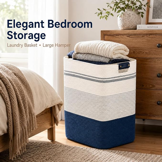 Laundry Hamper, Cotton Rope Laundry Basket with Leather Handles, 21.1-Gallon/80 L Large Clothes Hampers for Laundry, Woven Laundry Baskets for Blankets, Clothing, Bedroom, Living Room, Nursery