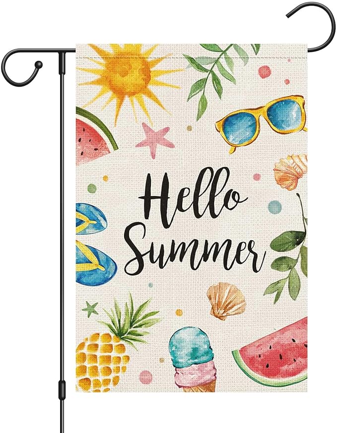 Hello Summer Garden Flag 12x18 Inch Double Sided Vertical, Small Burlap Colorful Sun Ice Cream Fruits Beach Sign Yard Outdoor Decoration