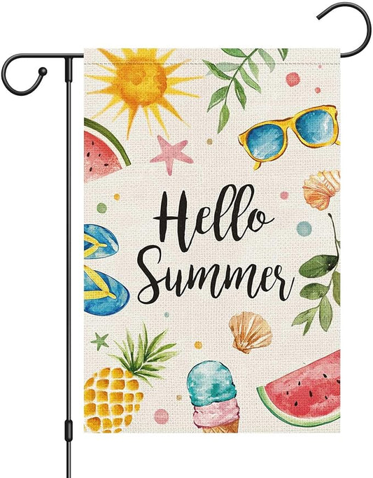 Hello Summer Garden Flag 12x18 Inch Double Sided Vertical, Small Burlap Colorful Sun Ice Cream Fruits Beach Sign Yard Outdoor Decoration