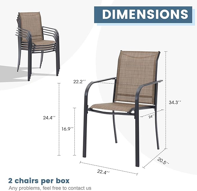 DIFY Patio Chairs Set of 2, Stackable Textilene Outdoor Dining Chairs with Metal Frame, All Weather Outdoor Chairs Set for Backyard Garden Deck Poolside, Brown