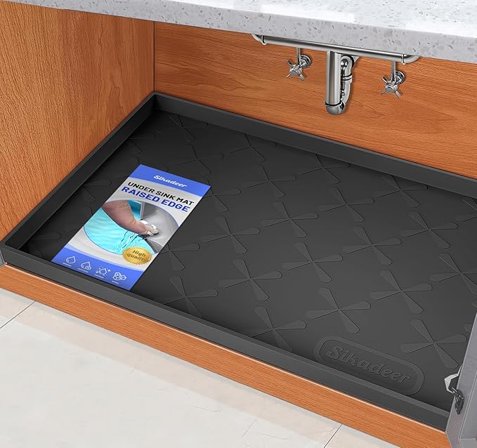 SIKADEER Waterproof Under Sink Mat Silicone 28" x 22" Kitchen Cabinet liner | BPA-Free Silicone Mat with Raised Lip Protects Cabinets from Leaks, Versatile Home Organizer for Bathroom, Pets, Boots, Floor