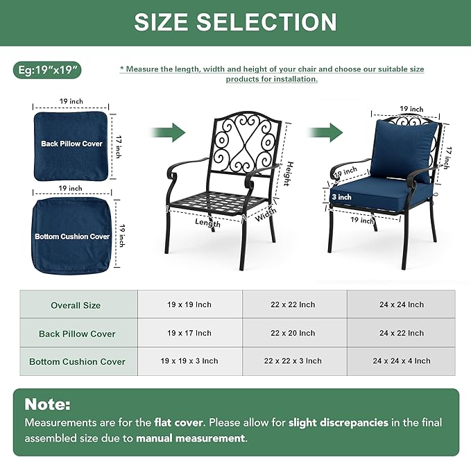 Summsun Outdoor Chair Cushions, Faux Linen Backrest and Seat Cushion Set for Patio Furniture with Weather Resistant Removable Cover, Straps, Non-Slip Bottom, 19 x 19 Inch, Navy
