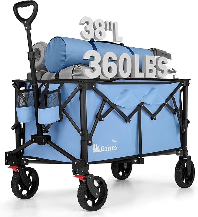 Gonex 38''L Collapsible Foldable Wagon Cart with 360lbs Weight Capacity,220L Folding Utility Garden Cart with Detachable Wheels for Grocery Sports Shopping Camping - Blue