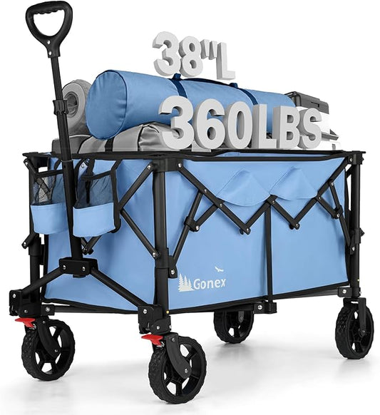 Gonex 38''L Collapsible Foldable Wagon Cart with 360lbs Weight Capacity,220L Folding Utility Garden Cart with Detachable Wheels for Grocery Sports Shopping Camping - Blue