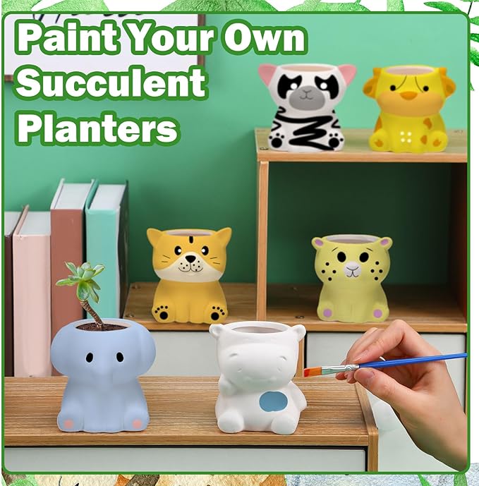 Beeveer 6 Sets Paint Your Own Ceramic Animal Succulent Planters Paintable Animal Ceramic Small DIY Figurines Unpainted Succulent Pots with Drainage Hole for Adults