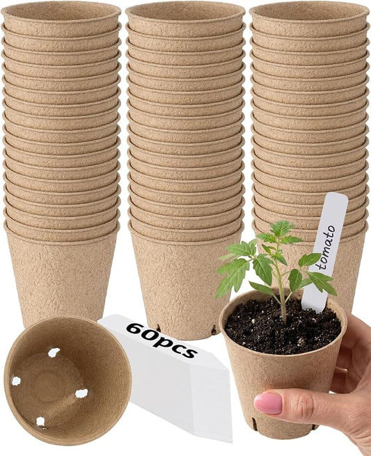3.15Inch Peat Pots 60Pcs Biodegradable Pots for Seedling, Round Plant Seed Starter Pots with 60Pcs Plant Labels, Garden Germination Nursery Pots for Flower Vegetable Saplings & Herb Seed Germination
