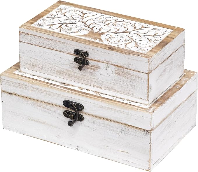 2 Piece Tree of Life Carved Wooden Keepsake Boxes with Lids, Decorative Storage Boxes for Home Decor, Trinket Box for Jewelry and Memorabilia