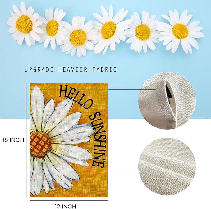 Spring Summer Garden Flags 12x18 Double Sided Outside, Hello Sunshine Daisy Floral Seasonal Decorations Vertical Burlap Yard Flag
