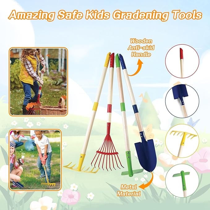 Mostop Kids Gardening Tools Outdoor Toys with Wheelbarrow, Kids Wheelbarrow Outside Toys for Kids Age 4-8, Educational STEM Learning Pretend Toys Outdoor Indoor for Toddlers Kids Boys Girls