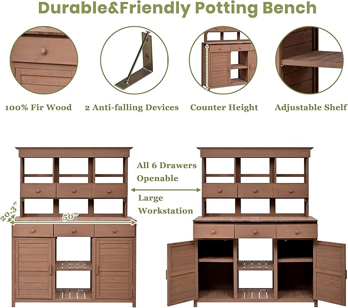 RUNNA 65.7'' H Tall Garden Potting Bench Table with Hutch,Patio Storage Workstation with 3 Shelves,6 Drawers,2 Bottom Cabinets&Side Hooks for Mudroom,Doorway (Brown@024, 65.7)
