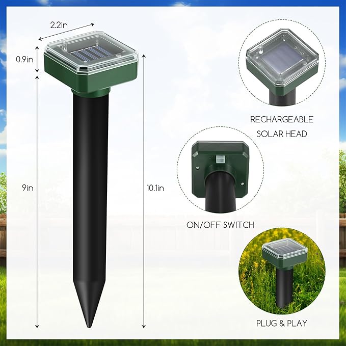 8 Pack Mole Repellent Solar Powered, Gopher Repellent Ultrasonic Groundhog Repeller Mole Stakes Deterrent, Solar Rodent Repeller Vole Repellent Spikes Snake Rodent Repellent for Lawns Yard