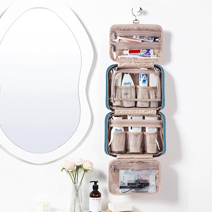 NISHEL Travel Toiletry Bag for women, Portable Hanging makeup Organizer | for Travel-Sized Shampoo, Conditioner, Brushes Set, makeup Accessories, Large Size, Lake-Blue